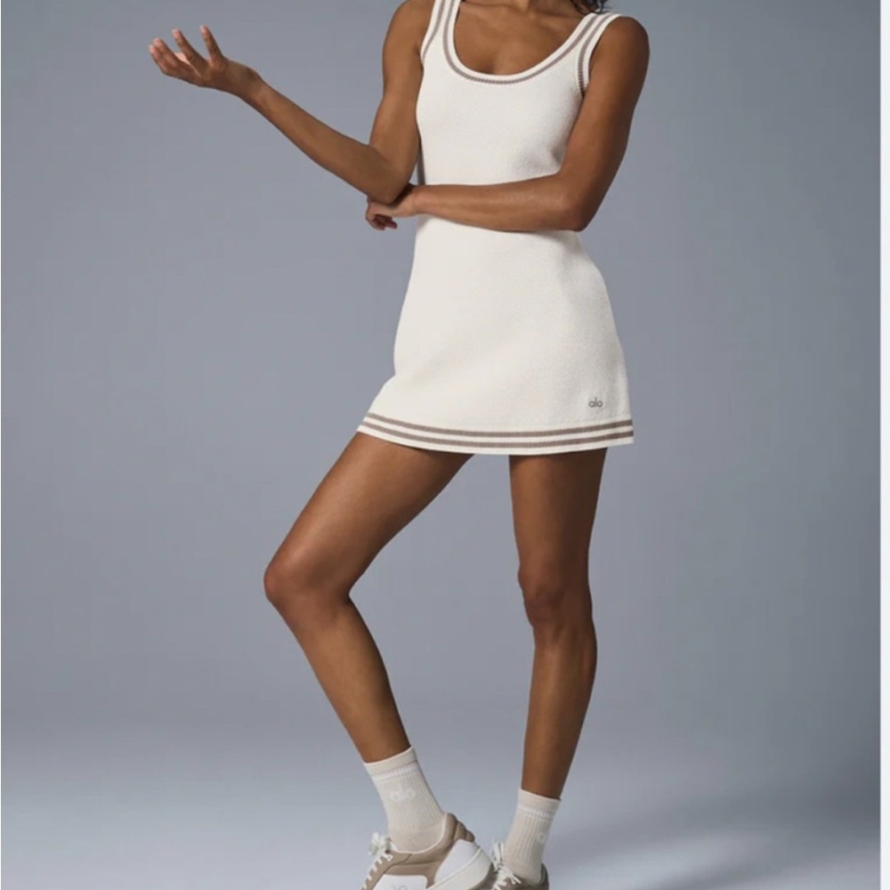 ALO Yoga White Mini Tennis Dress with Taupe Trim